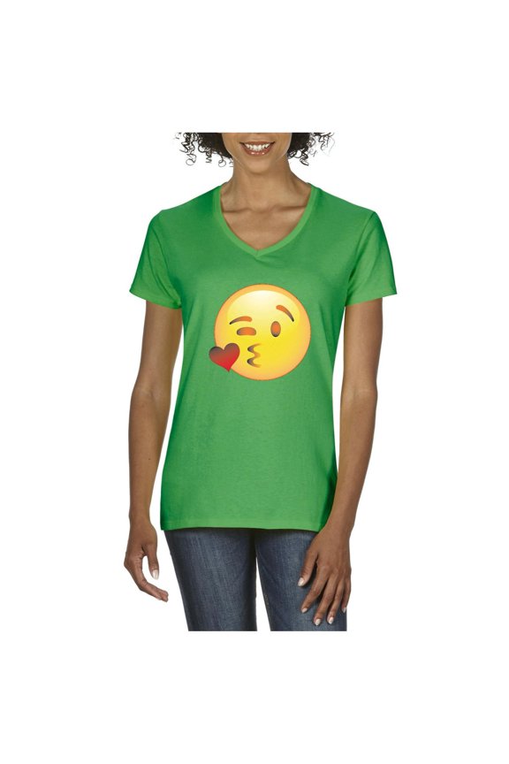 MmF - Women's T-Shirt V-Neck Short Sleeve, up to Women Size 3XL - Emoji Winky Face