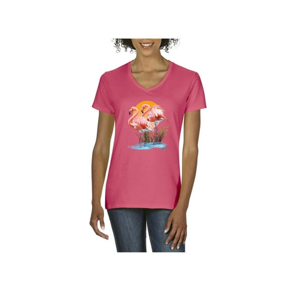 MmF - Women's T-Shirt V-Neck Short Sleeve, up to Women Size 3XL - Flamingo