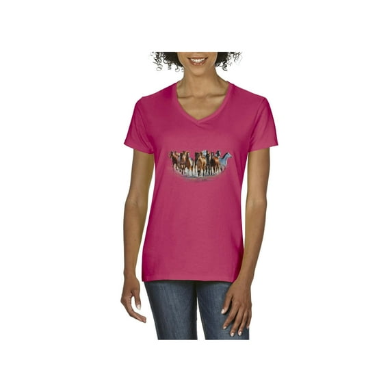 MmF - Women's T-Shirt V-Neck Short Sleeve, up to Women Size 3XL - Horses Herd