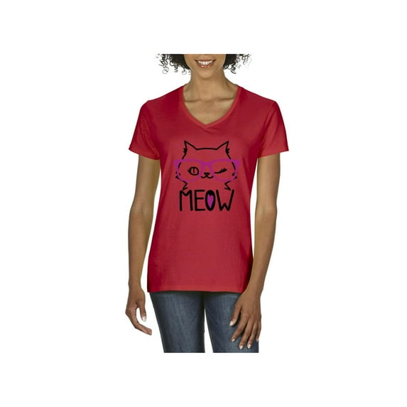 MmF - Women's T-Shirt V-Neck Short Sleeve, up to Women Size 3XL - Meow Cute Cat Kitty