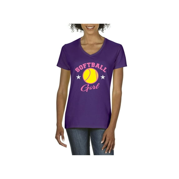 MmF - Women's T-Shirt V-Neck Short Sleeve, up to Women Size 3XL - Softball Girl