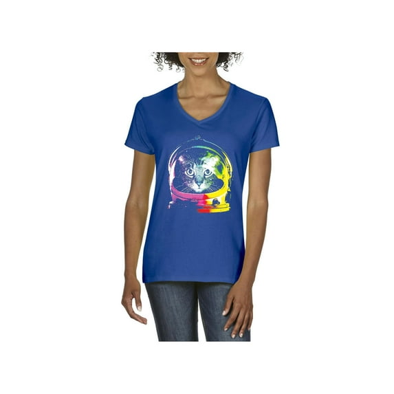 MmF - Women's T-Shirt V-Neck Short Sleeve, up to Women Size 3XL - Space Cat
