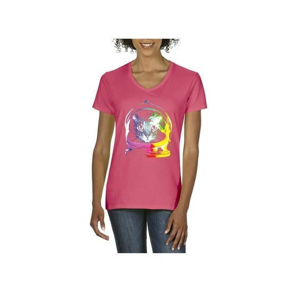 MmF - Women's T-Shirt V-Neck Short Sleeve, up to Women Size 3XL - Space Cat