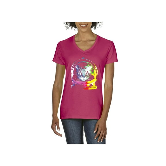 MmF - Women's T-Shirt V-Neck Short Sleeve, up to Women Size 3XL - Space Cat