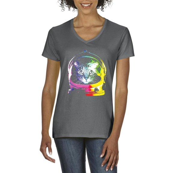 MmF - Women's T-Shirt V-Neck Short Sleeve, up to Women Size 3XL - Space Cat