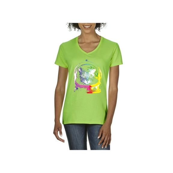 MmF - Women's T-Shirt V-Neck Short Sleeve, up to Women Size 3XL - Space Cat