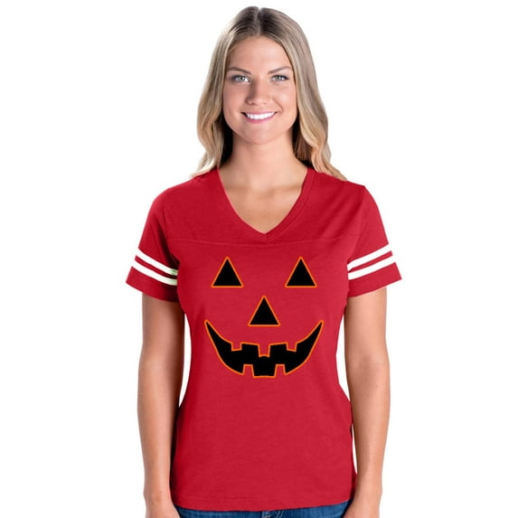 MmF - Womens Football Fine Jersey T-shirts - Halloween Jack O' Lantern Pumpkin Face