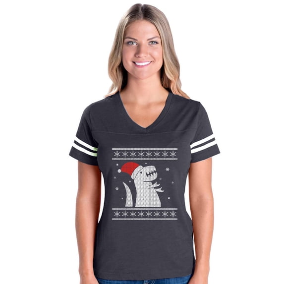 MmF - Womens Football Fine Jersey T-shirts - XMAS DINOSAUR UGLY SWEATER