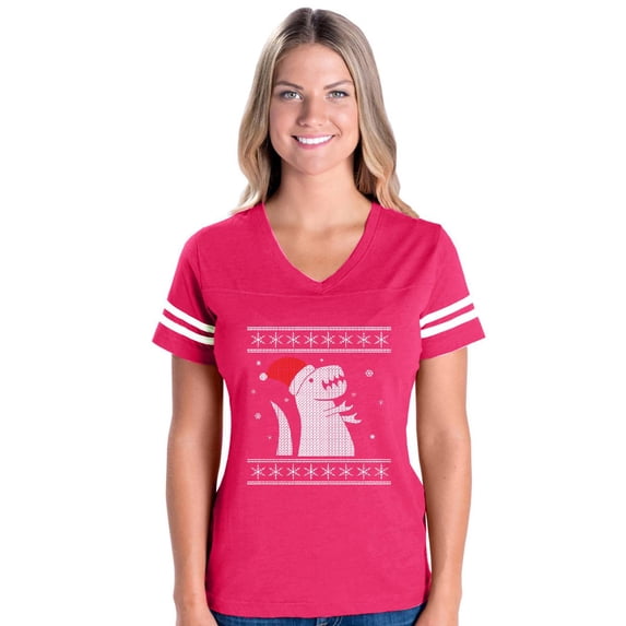 MmF - Womens Football Fine Jersey T-shirts - XMAS DINOSAUR UGLY SWEATER