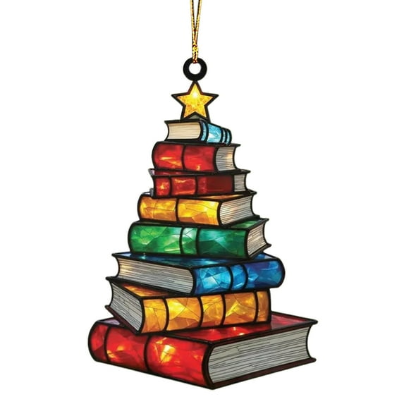 Mmeneyy Book Christmas Ornament 2025 Suncatcher, Acrylic Tree Decor Ornaments Gifts for Book Lovers, Bookish Gift for Women, Bookworm, Teacher, Bookclub, Printed Faux Stained Glass Effect Keepsake