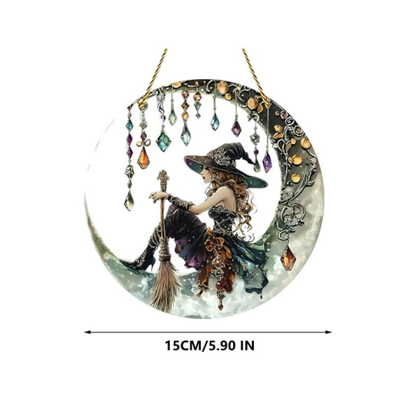 Mmeneyy Charming Moonlight Witch Acrylic Stained Glass Window Hanging Sun Catcher Decor Stained Panel Hangings Wall Art Decor, for Friends and Family