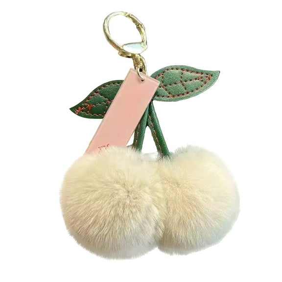 Mmeneyy Cherry Charm Pom Pom Keychain, Gold Cherry Bag Charm, Fruit Fur Ball Fluffy Keychain for Handbags