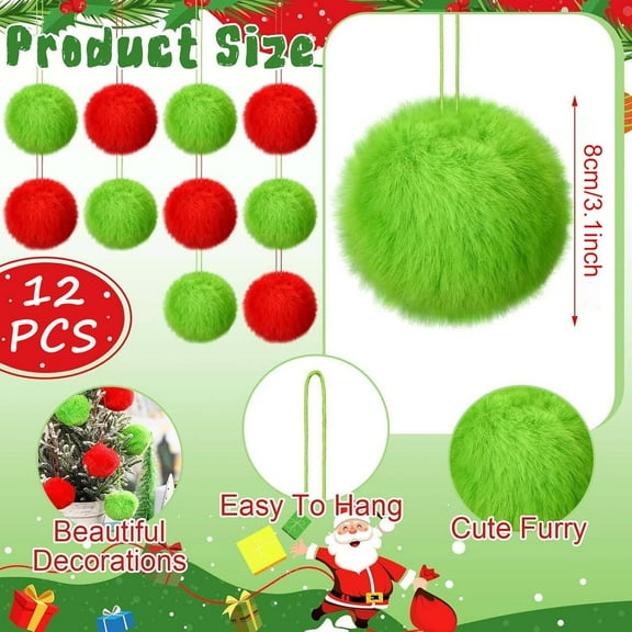 Mmeneyy Christmas 12-piece Set Of Green Furry Christmas Ornaments With Red Decorative Crafts Christmas Tree Hangings
