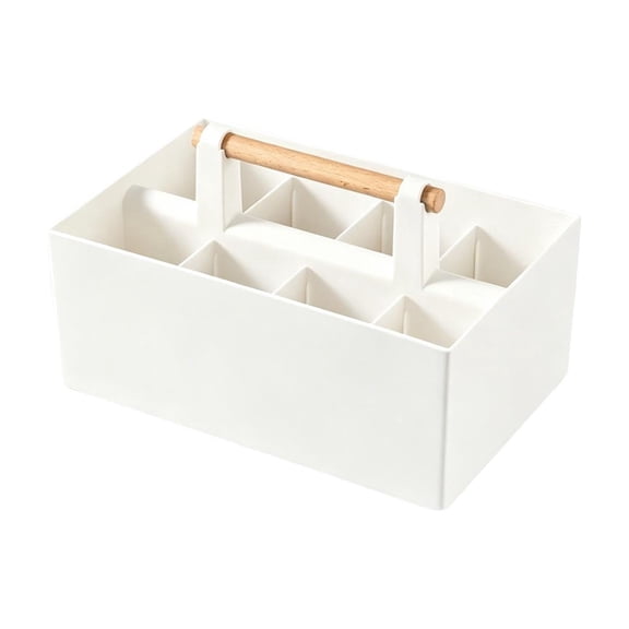 Mmeneyy Desktop Organizer with Wooden Handle, Portable Multifunctional 8-Compartment Plastic Storage Box for Toys Bottles