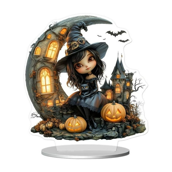 Mmeneyy Halloween Pumpkin House And Witch Romantic Scene Flat Acrylic Table Decoration