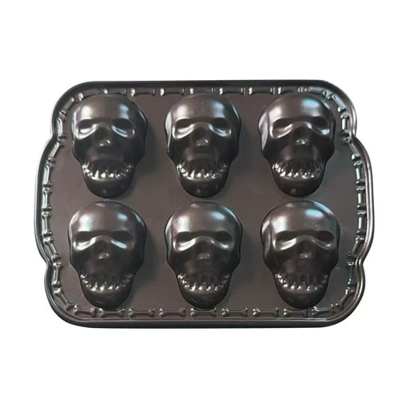 Mmeneyy Halloween Skull Baking Pan 6 Cavities 3D Skull Baking Mold for Pizza Metal Cake Mold Bakeware for Halloween Ice Cupcake Chocolate Pizza Jelly Candy Pudding