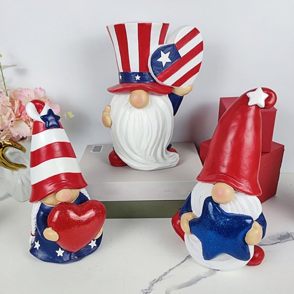 3 Pc Independence Day Gnome Figurine Set, Patriotic Tabletop Decor For 4th Of July, Veterans Day, Memorial Displays, Resin Handcrafted Ornaments For Kitchen, Tiered Tray, Party Accent Gift