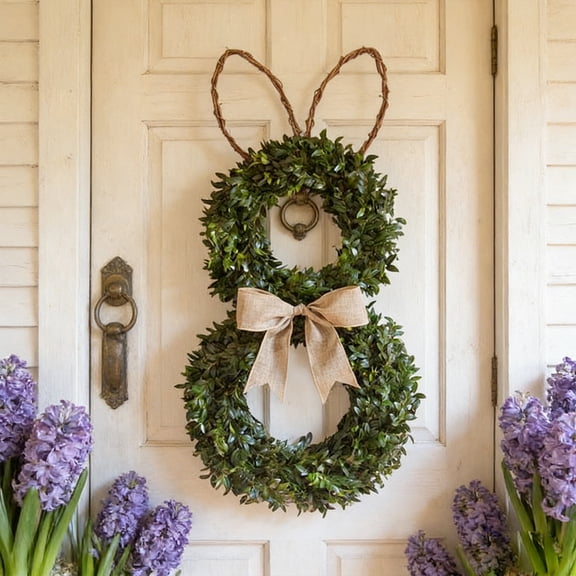 Easter Bunny Wreath With Green Leaves And Linen Bow, Spring Front Door Or Window Decor, Reusable Plastic Foliage, Rustic Farmhouse Style, Indoor And Covered Outdoor, Holiday Gift Accent