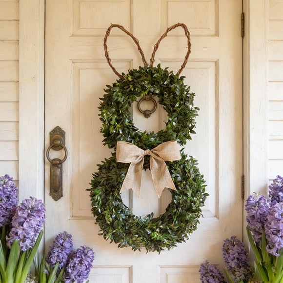 Easter Bunny Wreath With Green Leaves And Linen Bow, Spring Front Door Or Window Decor, Reusable Plastic Foliage, Rustic Farmhouse Style, Indoor And Covered Outdoor, Holiday Gift Accent