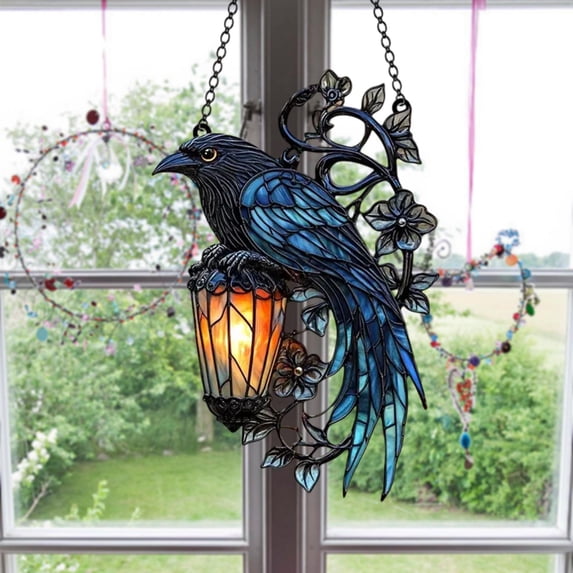 Mnhhatv Gothic Hanging Sun Catcher, Crow on Lantern 2D Stained Glass, Intricate Handcrafted Ornament, Adds Magical Light Reflections to Windows, Living Rooms, Sunrooms, and Office Spaces