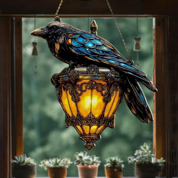 Mnhhatv Gothic Hanging Sun Catcher, Crow on Lantern 2D Stained Glass Ornament, Stunning Light Display, Adds Magical Ambiance to Windows, Living Rooms, Studies, and Sunrooms, Ideal for Collectors