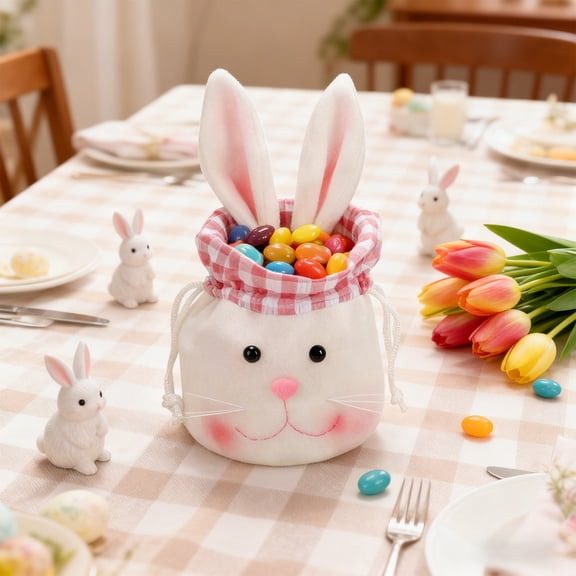 Long-Eared Rabbit Drawstring Candy Bag, Easter Treat Pouch For Cookies, Sweets, Small Gifts, Washable Polyester, Pink Green Check Hat Accent, Reusable Party Favor, Table Or Basket Display