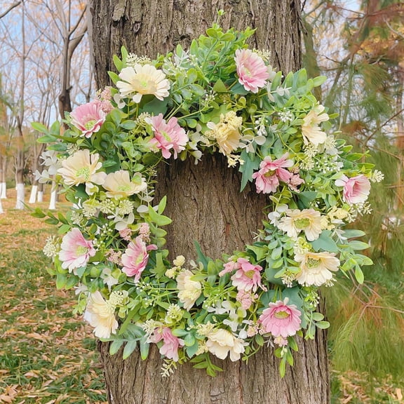 Mnhhatv Spring Summer Front Door Wreath Artificial Flower Garland Lifelike Tulip Leaves Decor, Seasonal Floral Decorations for Front Door Porch Fireplace Wedding Party Home Entryway