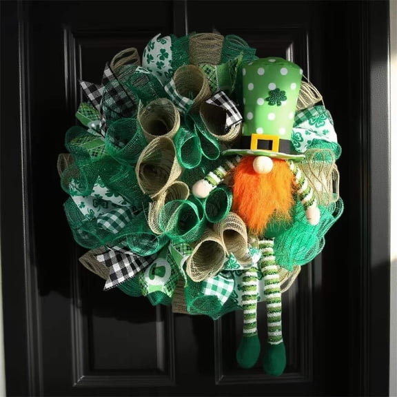 St. Patrick’s Day Shamrock Wreath With Long‑Legged Figurine, Door Hanging Holiday Decoration, Green Irish Welcome Accent For Indoor Or Outdoor, Durable Festive Decor For Home And Events