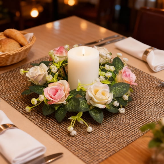 Mnhhatv Valentine's Day Artificial Rose Flower Candle Holder Wreath, Romantic Tabletop Decoration for Weddings Party Centerpiece, Elegant Holiday Ornament for Home Coffee Table Display