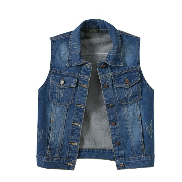Mnjin Basic Women Denim Vest Button Down Sleeveless Plus Size Denim