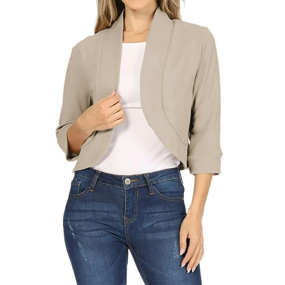 Mnjin Casual Cropped Blazer Jackets for Women Solid Color 3/4 Sleeve Open Front Cardigan Short Jacket Suit Coat Outerwear (Beige,Size-2XL)