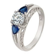 Mnjin Heart Shaped Blue Diamond Ring Women's Blue Diamond Diamond Ring Fashion Jewelry Silver 7