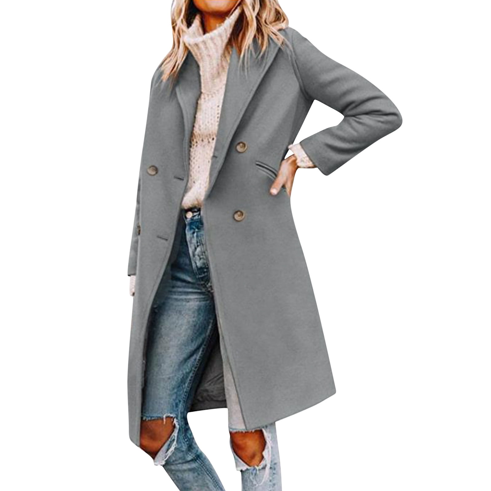 Mnjin Plus Size Winter Long Coat for Women Shawl Collar Slim Fit Trench Coat Women Double Breasted Peacoat Jacket Overcoat Gray Size 3XL Walmart