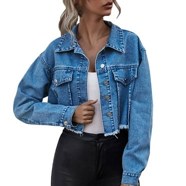 Mnjin Single Cropped Denim Jacket For Women Frayed Hem Long Sleeve Button Down Short Jean Jacket (Blue,Size L)