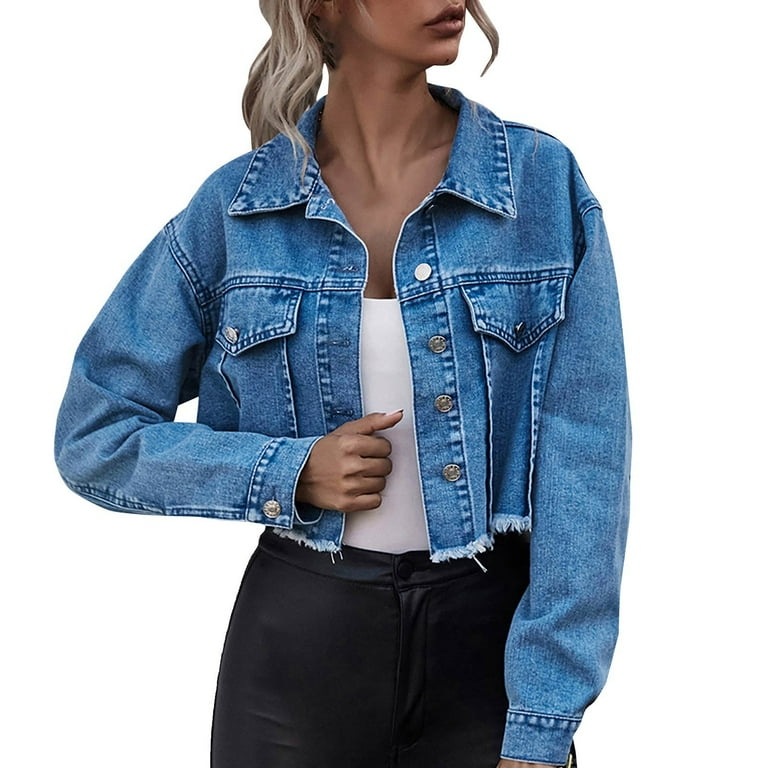 Mnjin Single Cropped Denim Jacket For Women Frayed Hem Long Mnjin Single Cropped Denim Jacket For Women Frayed Hem Long