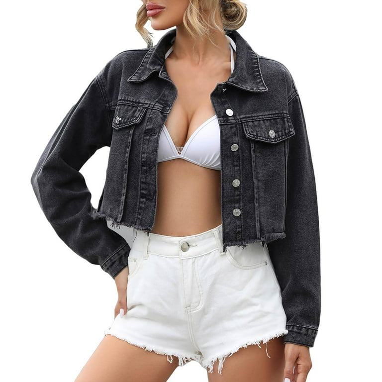 Mnjin Single Cropped Denim Jacket For Women Frayed Hem Long Mnjin Single Cropped Denim Jacket For Women Frayed Hem Long