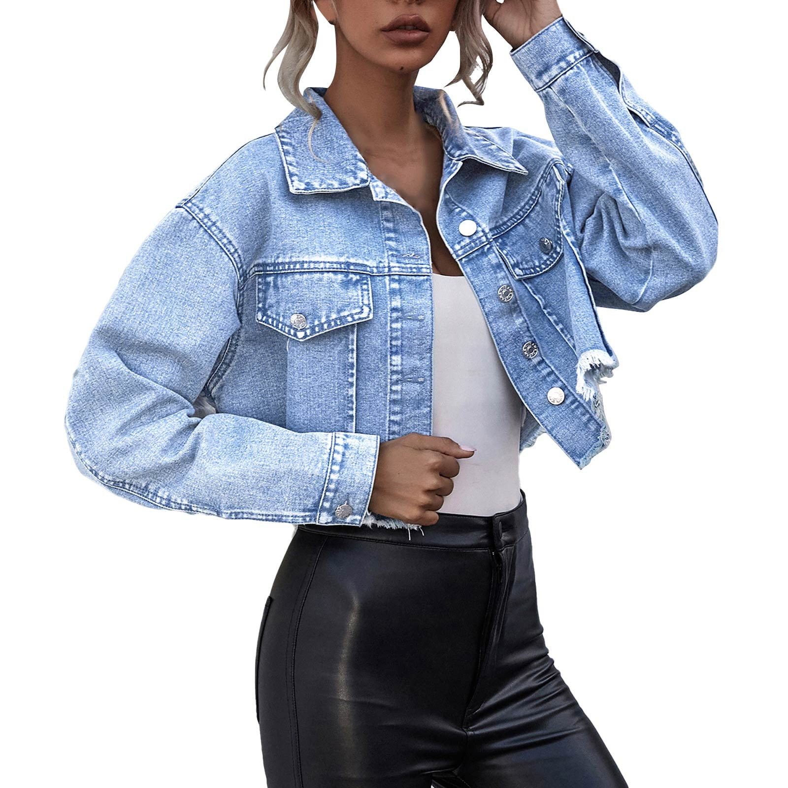 Mnjin Single Cropped Denim Jacket For Women Frayed Hem Long