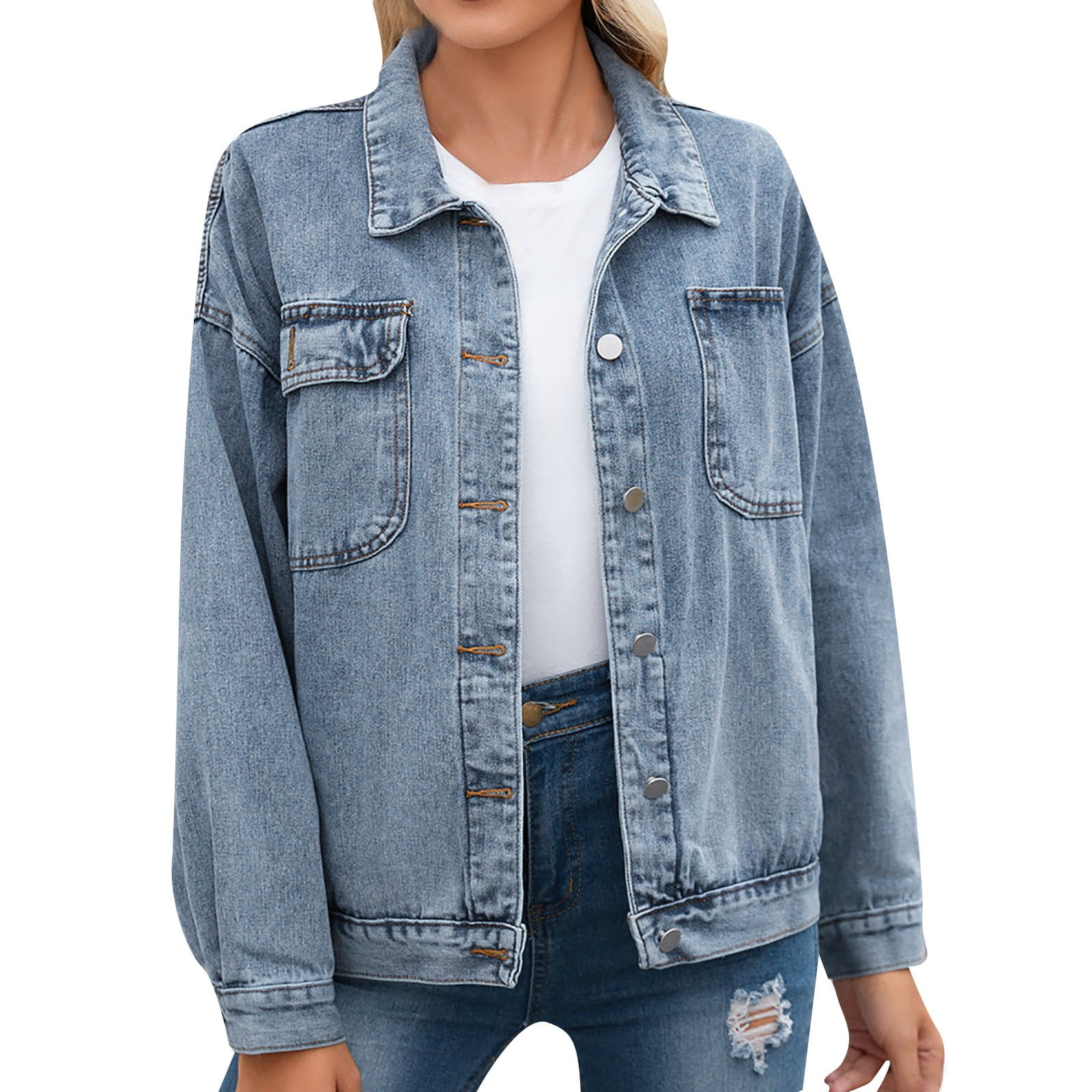 Mnjin Single Cropped Denim Jacket For Women Frayed Hem Long Mnjin Single Cropped Denim Jacket For Women Frayed Hem Long