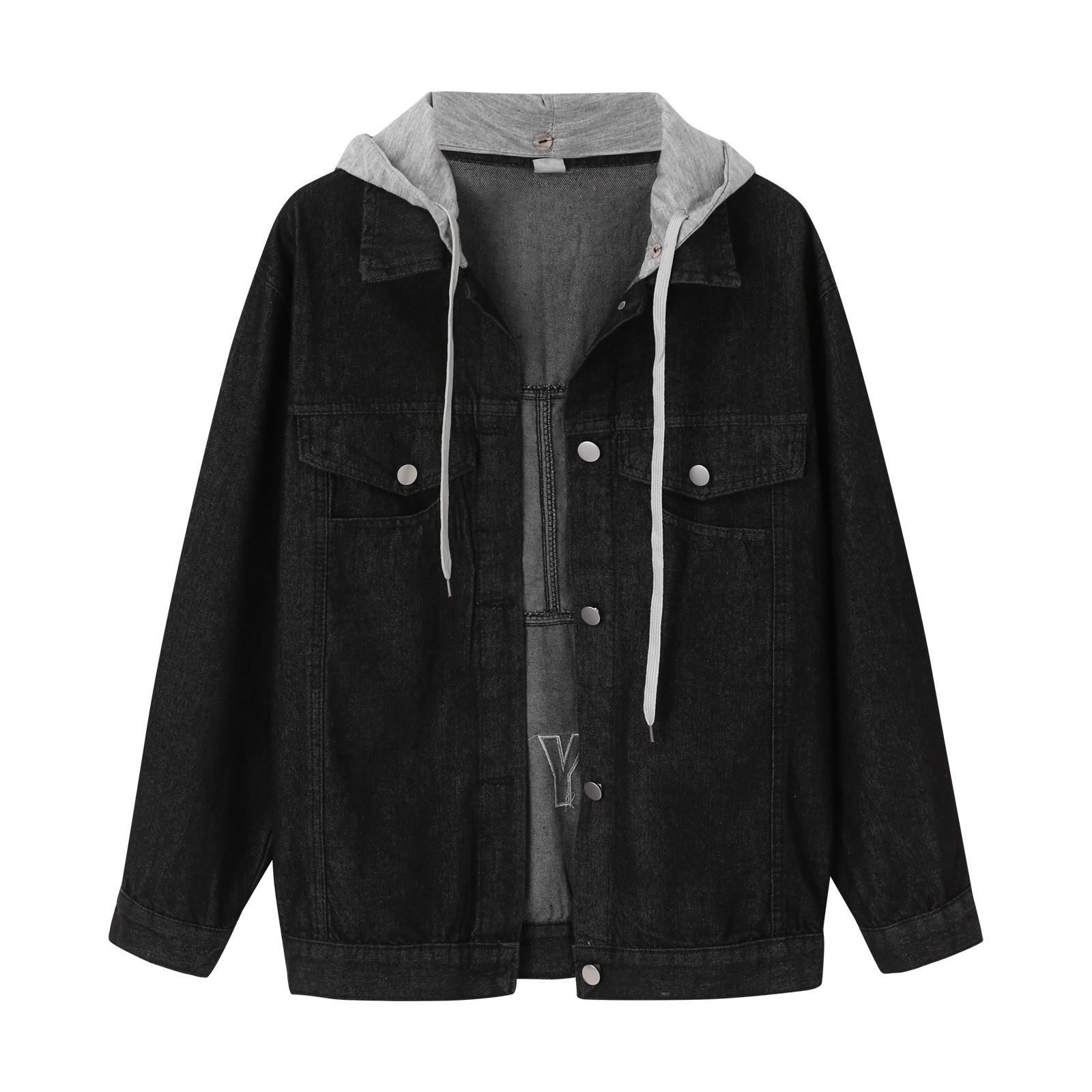 Mnjin Women Button Down Drawstring Hooded Distressed Denim Jacket Long