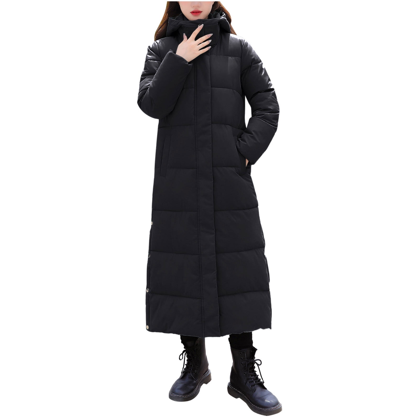 Mnjin Women Full Zipper Winter Puffer Coat Quilted Thicken Warm Long Down Jacket with Hooded