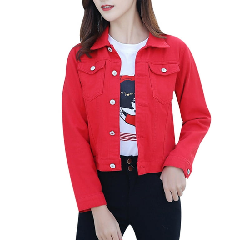 Mnjin Women Lapel Denim Jean Jacket Basic Button up Short Women s Jean Jacket Red Size 2XL