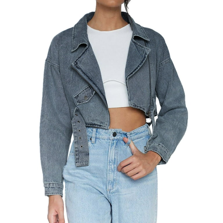 Mnjin Women Notched Lapel Short Denim Jacket Long Sleeve Zip up Tie Belt  Waist Cropped Jean Jackets Coat with Pocket (A,Size M)