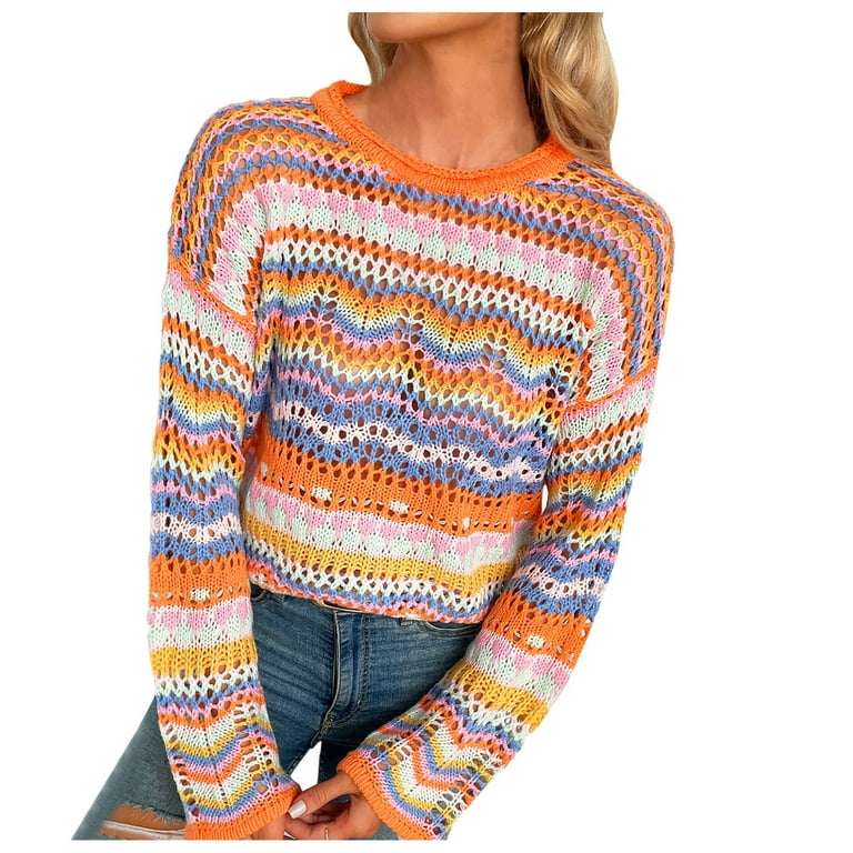 Mnjin Women Shirts And Blouses Women Long Sleeve Crop Top Crochet Knit  Color Block Pullover Tops Loose Patchwork Shirts T Shirt For Women Orange M