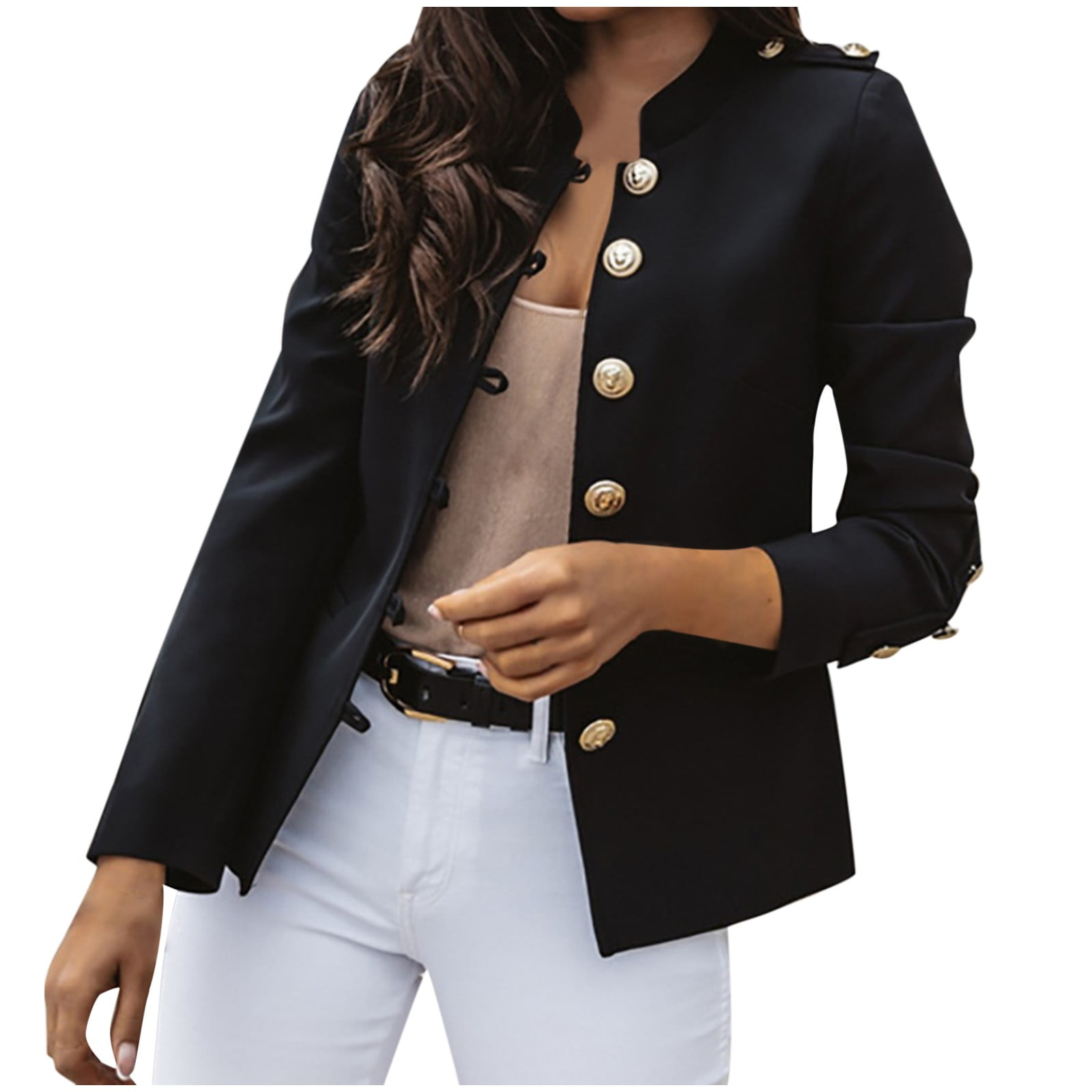 Mnjin Women Stand Collar Long Sleeve Single Breasted Casual