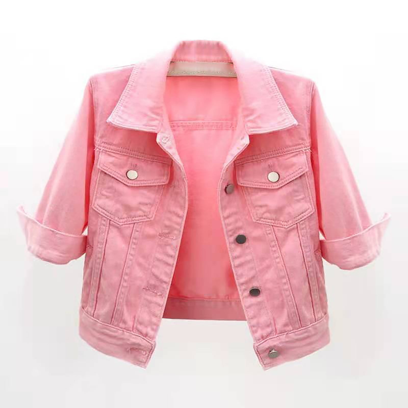 Mnjin Women's 3/4 Sleeve Cropped Denim Jacket Lightweight