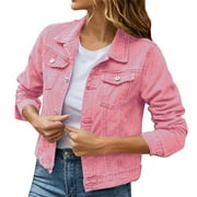 Mnjin Women's Basic Button Down Long Sleeve Denim Jacket with Pockets Short Jean Jacket Coat (Pink,Size L)