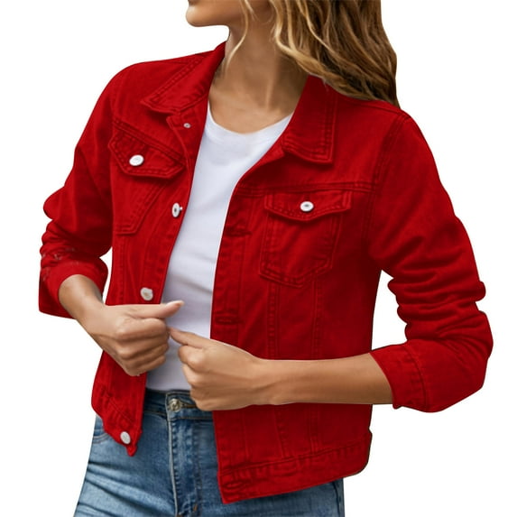 Mnjin Women's Basic Button Down Long Sleeve Denim Jacket with Pockets Short Jean Jacket Coat (Red,Size L)