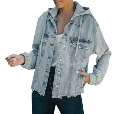 Mnjin Women's Jean Jacket Hoodie Button Long Sleeve Hooded Drawstring Denim Jacket Casual Denim Coat with Pockets (Blue,Size L)