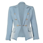 Mnjin Women's Notched Lapel Denim Jacket Denim Blazer Slim Fit Double Flap Pockets Jeans Jacket (Light Blue,Size XL)