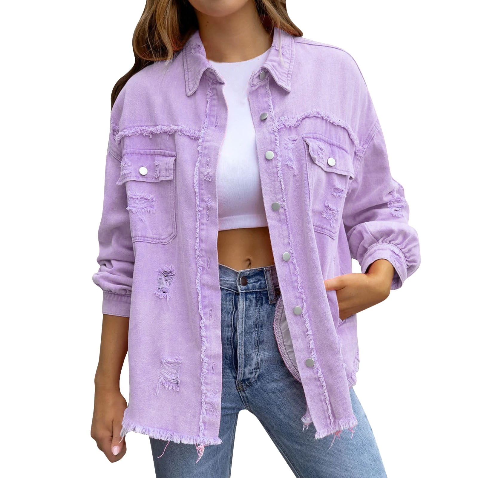 Mnjin Women's Ripped Oversized Denim Jacket Loose Long Sleeve